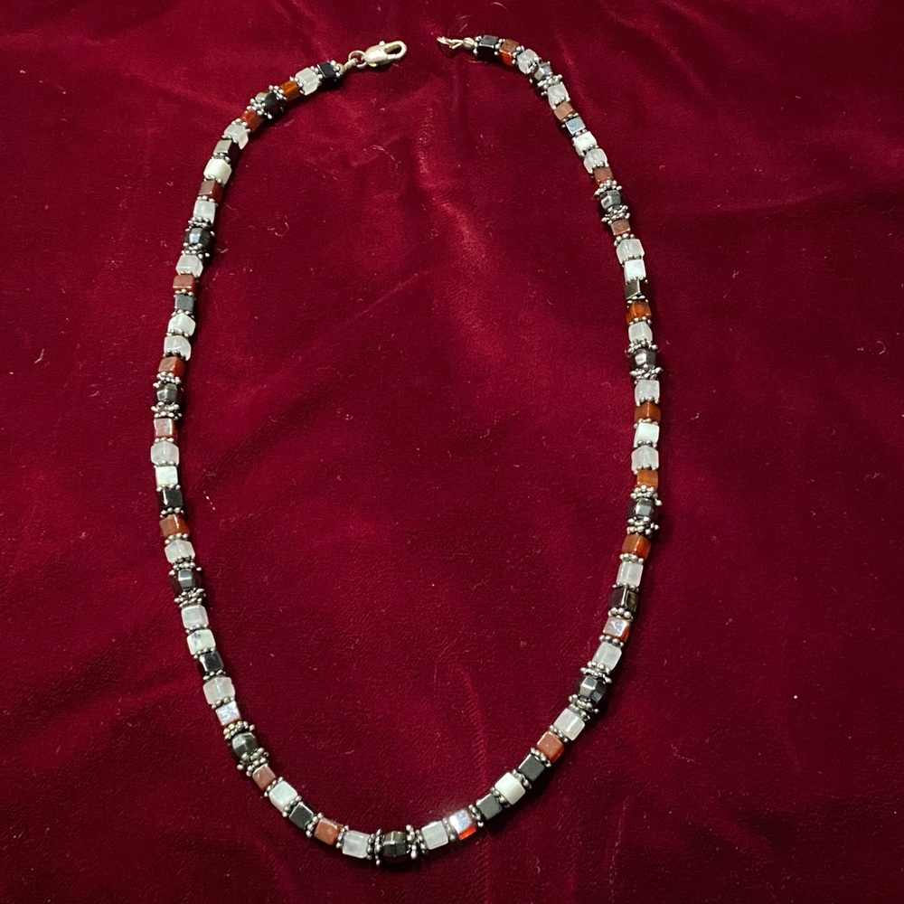 Vintage Glass Beaded Women's Necklace - Red, Black, white and Silver Accents